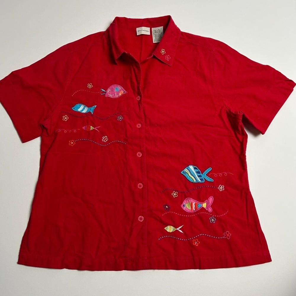 White Stag Women Red Embroidered Tropical Fish Button Up Shirt L Vacation Beach